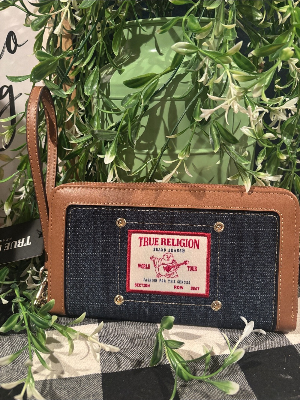 True Religion Denim & Tan Leather Zip Wrist Wallet